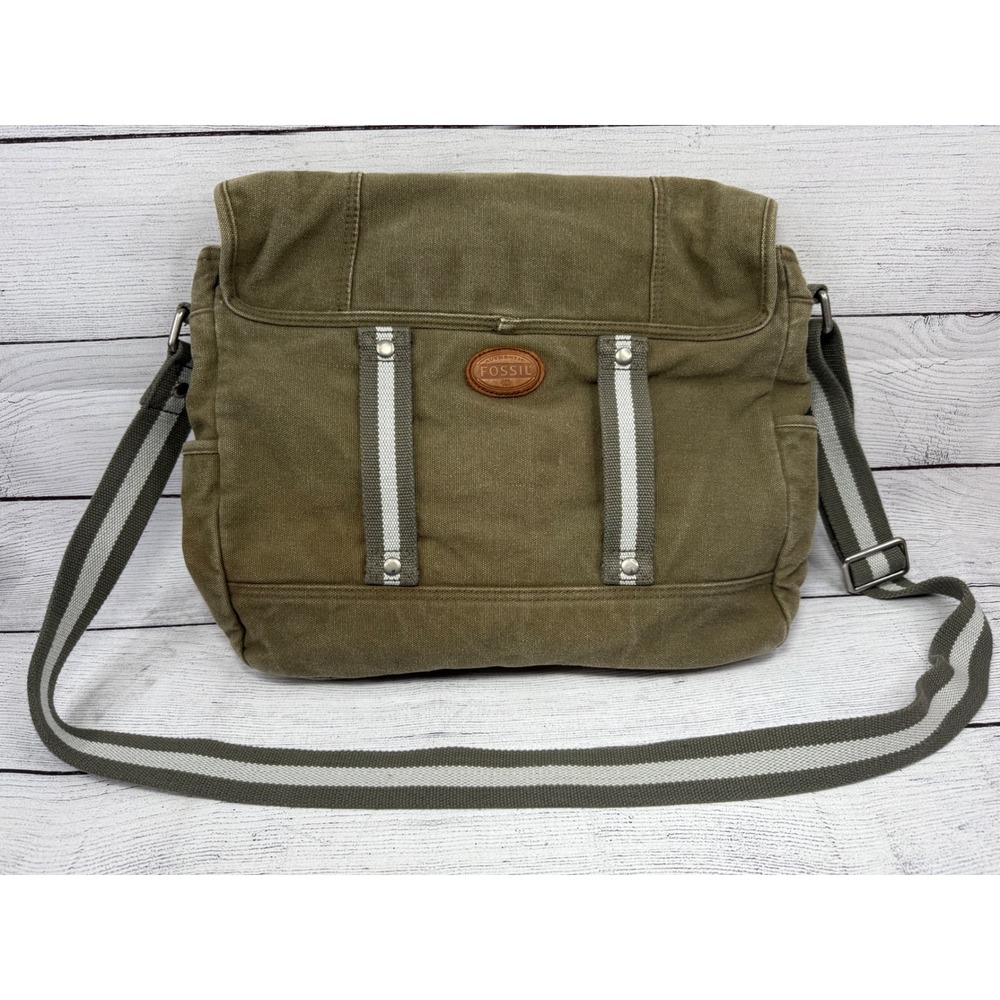Fossil Olive Green Canvas Messenger Bag Laptop‎ Crossbody Industrial Utility